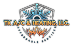 Logo for TK A/C & Heating, LLC featuring a snowflake and flame graphic inside a shield.