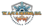Logo for TK A/C & Heating, LLC featuring a snowflake and flame graphic inside a shield.