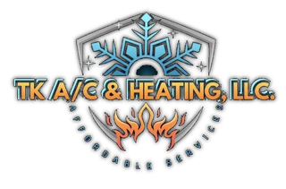 Logo for TK A/C & Heating, LLC featuring a snowflake and flame graphic inside a shield.